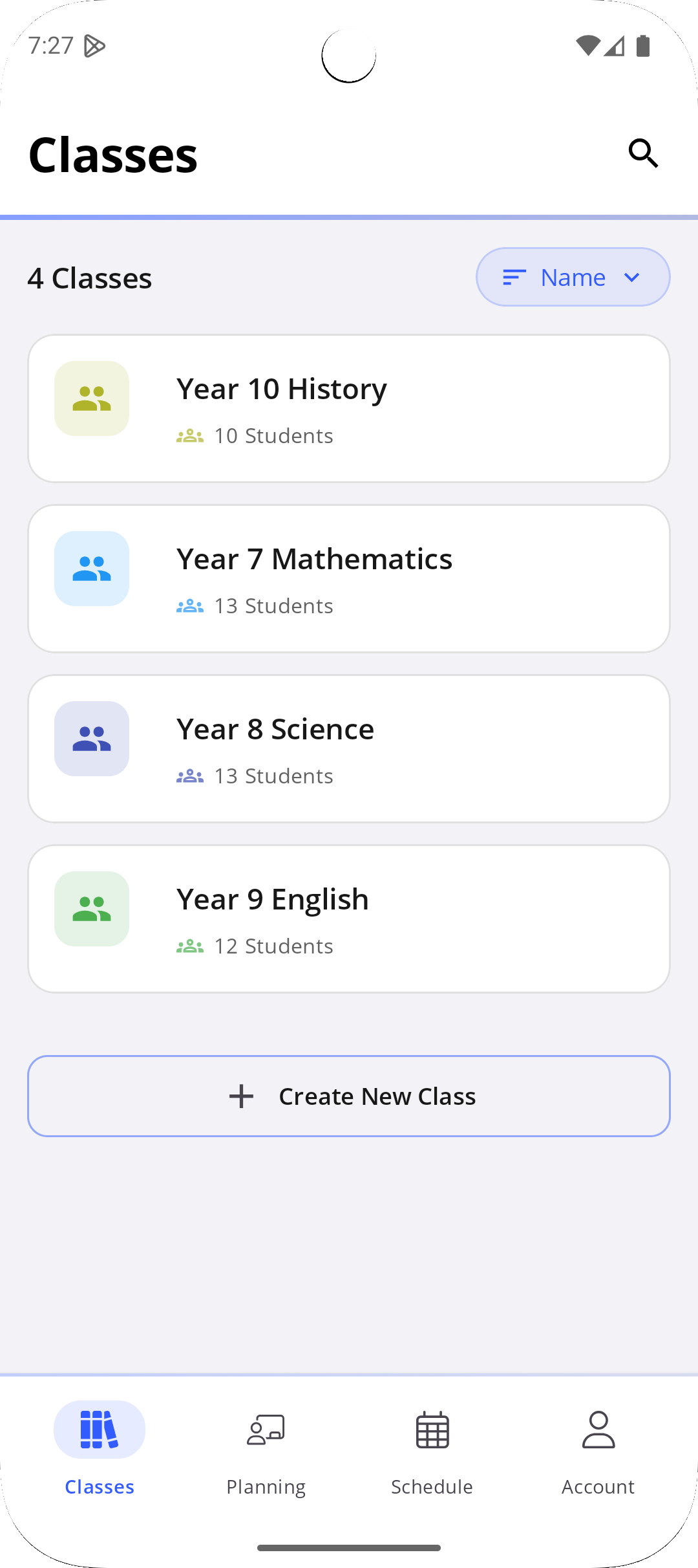 Smart Teacher Android app showing class list