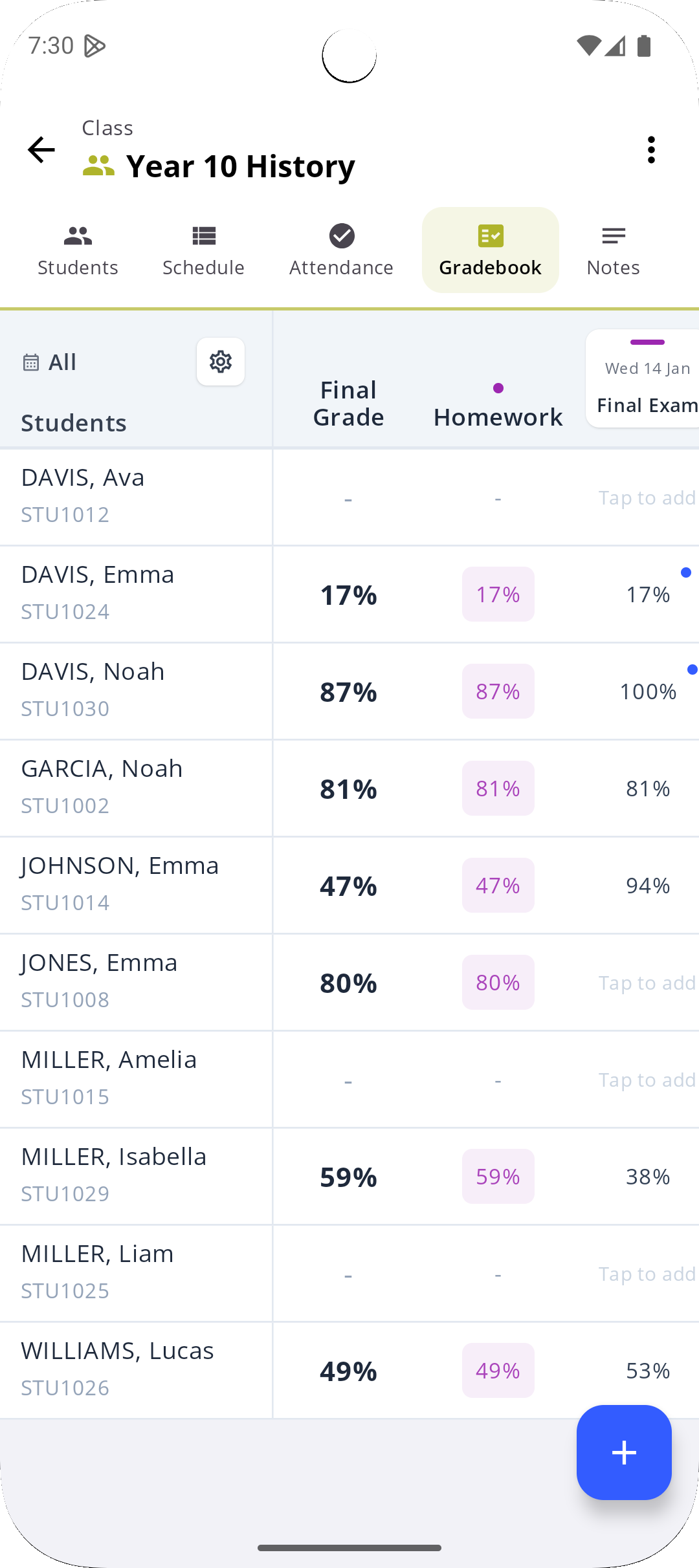Smart Teacher mobile gradebook view
